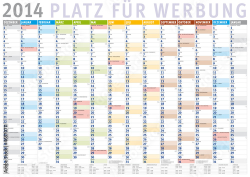 Vektor: Kalender 2014 (Dezember 2013 bis Januar 2015) mit Ferien