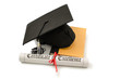 Grad hat and diploma with book isolated on white