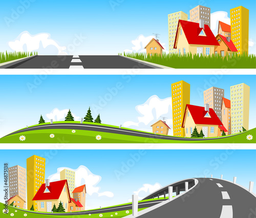 Vector: City and way through nature banner City and way through nature banner