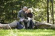 A couple sitting on a tree trunk eating a packed lunch, laughing
