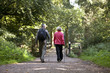 A mature couple walking along a country path, rear view
