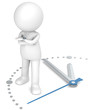 3D little human character standing on a clock at five to twelve