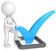3D little human character pointing at Check Mark.Blue and black.