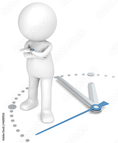 Illustration: 3D little human character standing on a clock at five to twelve 3D little human character standing on a clock at five to twelve