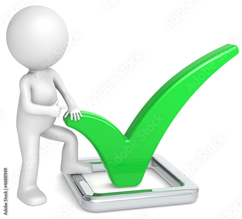 Illustration: 3D little human character pointing at green a Check Mark. 3D little human character pointing at green a Check Mark.