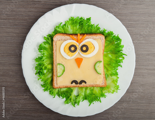 Photo: design food. Creative sandwich for child with picture little ow design food. Creative sandwich for child with picture little ow