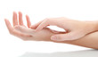 one woman hand massaged other, isolated on white