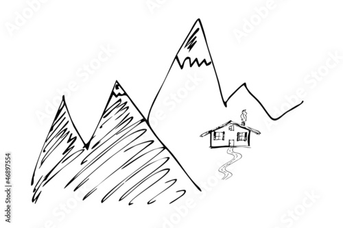 Illustration: Berge mit Almhütte, abstrakt Berge mit Almhütte, abstrakt