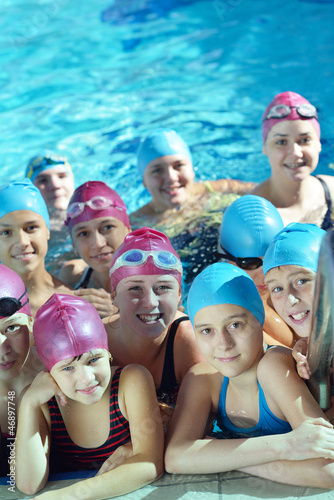 Photo: happy children group at swimming pool happy children group at swimming pool