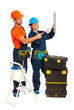 Workers team pointing to bubble level