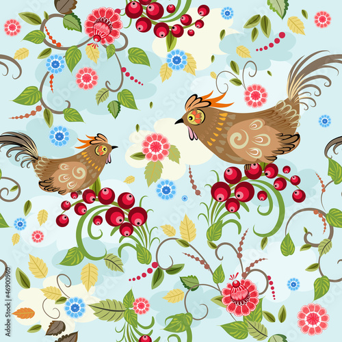 Vector: Texture seamless bird branch berry Texture seamless bird branch berry