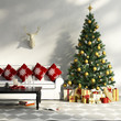 Decorated Christmas tree with gifts, sofa, table, interior