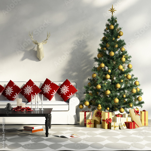 Illustration: Decorated Christmas tree with gifts, sofa, table, interior Decorated Christmas tree with gifts, sofa, table, interior