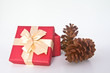 Photo: Christmas gift box and pine cones over white background. Christmas gift box and pine cones over white background.