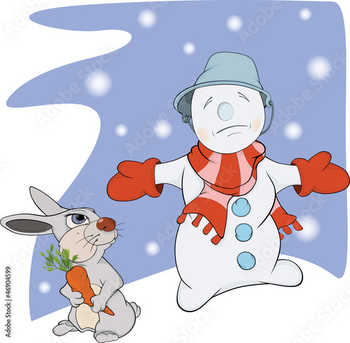 Vector: Snowball, rabbit and a carrot. Cartoon Snowball, rabbit and a carrot. Cartoon