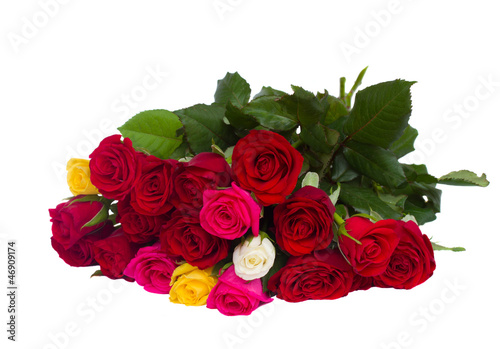 Photo: bouquet of multicolored roses isolated on white background bouquet of multicolored roses isolated on white background