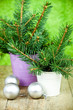 buckets with christmas fir tree and decorations