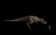 Homme en fuite poursuivi par un T-rex