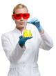 Photo: Woman doctor hands a flask with yellow water, isolated on white Woman doctor hands a flask with yellow water, isolated on white