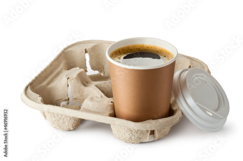 Photo: Opened take-out coffee in holder Opened take-out coffee in holder