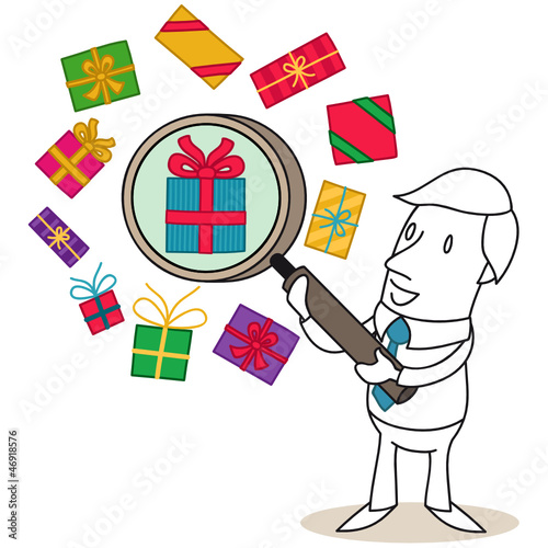 Vector: Geschäftsmann, Geschenke, Lupe, Suche Geschäftsmann, Geschenke, Lupe, Suche