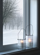 Cozy lanterns and winter landscape seen through the window