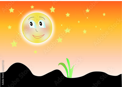 Illustration: Grass green vector silhouette on color sunset background Grass green vector silhouette on color sunset background