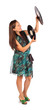 Beautiful woman dressed in dress holds record in studio on white