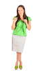Young beautiful business woman holds glasses in studio on white
