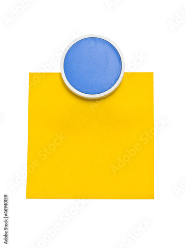 Photo: Blue clip with yellow sticky note isolated on white background. Blue clip with yellow sticky note isolated on white background.