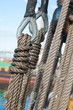Ancient wooden sailboat pulleys and ropes detail