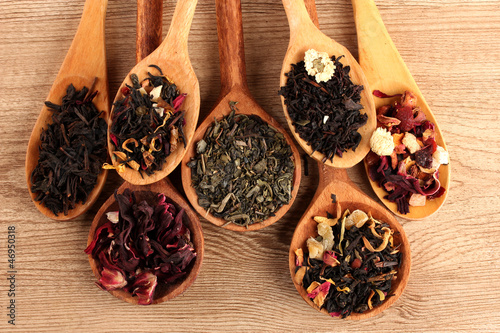 Photo: assortment of dry tea in spoons, on wooden background assortment of dry tea in spoons, on wooden background