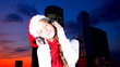 Little girl Santa listening to music