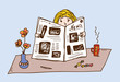 Vector: Girl reading newspaper at the tea table cartoon Girl reading newspaper at the tea table cartoon