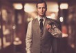 Man in waistcoat with  against blurred background