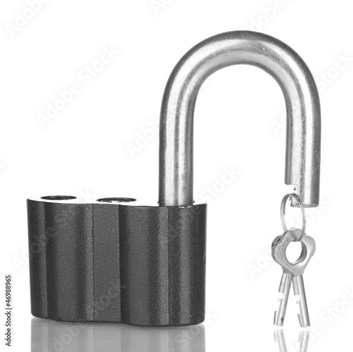 Photo: old padlock with keys isolated on white background old padlock with keys isolated on white background