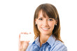 Happy businesswoman with blank business card