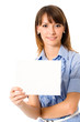 Happy businesswoman showing blank signboard