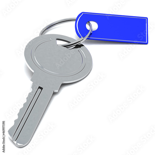 Illustration: Silver key with blank blue tag, 3d image Silver key with blank blue tag, 3d image