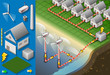 Vector: Isometric houses with offshore wind turbines in production of en Isometric houses with offshore wind turbines in production of en