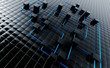 Illustration: Abstract background from black metal cubes and blue wires Abstract background from black metal cubes and blue wires