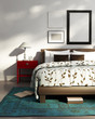 Elegant white luxury bedroom, contemporary design style blue rug