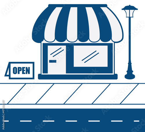 Vector: Store shop front in blue with sidewalk Store shop front in blue with sidewalk