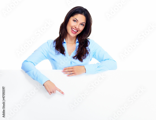 Photo: Happy woman with banner. Happy woman with banner.