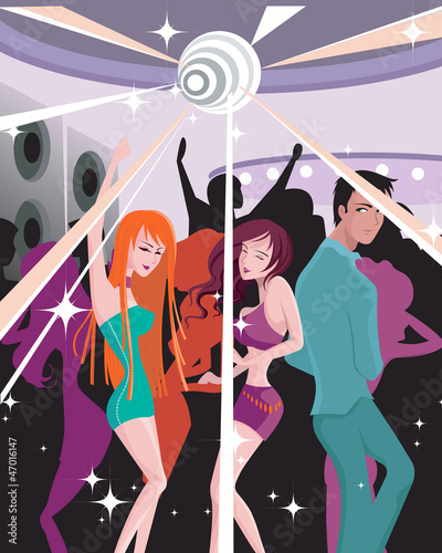 Illustration: women and a man dancing at a nightclub women and a man dancing at a nightclub