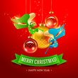Christmas card with Angels and inscription on a green ribbon