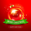 Christmas card with red bauble and inscription on a green ribbon