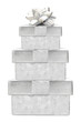 Stacked silver Christmas gift boxes with bow isolated on white