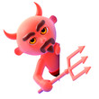 Devil points at a blank space with his trident