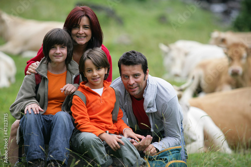 Photo: Young family sitting in a field of cattle Young family sitting in a field of cattle